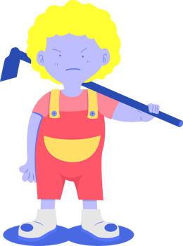 a yellow head kid standing holding a mattock for agriculture png