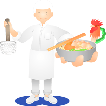 a white hair man chef standing and showing the delicious yummy palatable luscious dainty toothsome delectable scrumptious chicken noodles thailand food menu. png
