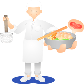 a white hair man chef standing and showing the delicious yummy palatable luscious dainty toothsome delectable scrumptious cow noodles thailand food menu. png