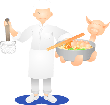 a white hair man chef standing and showing the delicious yummy palatable luscious dainty toothsome delectable scrumptious pork noodles thailand food menu. png