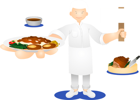 a white hair man chef standing and showing the delicious yummy palatable luscious dainty toothsome delectable scrumptious pork knuckle rice thailand food menu. png