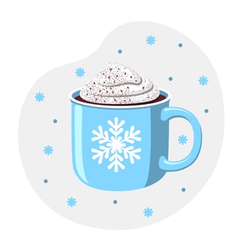 Blue christmas mug of hot chocolate with snowflake ornament. Flat design. Winter season illustration. vector