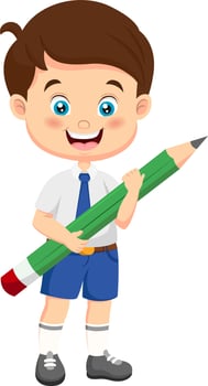 Cute school boy holding a big pencil vector
