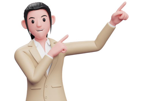 business woman in brown suit raising both hands pointing to the top right corner, 3d illustration of a business woman in a brown suit pointing png