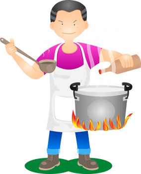 the merchant chef stand cooking with fish sauce and holding a ladle for test taste the food. png