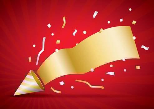 party popper with confetti and gold ribbon sign for adding your text vector
