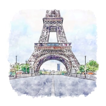 Eiffel Tower Paris France Watercolor sketch hand drawn illustration vector