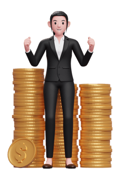 Happy business woman in black formal suit getting lots of piles of gold coins, 3d illustration of a business woman in a black suit holding dollar coin png