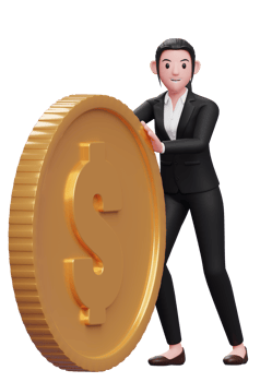 business woman in a black suit send big coins by pushing, 3d illustration of a business woman in a black suit holding dollar coin png
