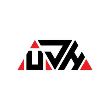 UJH triangle letter logo design with triangle shape. UJH triangle logo design monogram. UJH triangle vector logo template with red color. UJH triangular logo Simple, Elegant, and Luxurious Logo. UJH