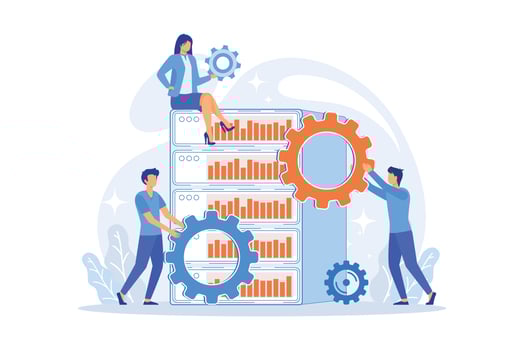 Server hardware maintenance. Teamwork fixing gear. Data storage, ethernet cluster, datacenter system. Supercomputer infrastructure. Workstation domain. Vector illustration