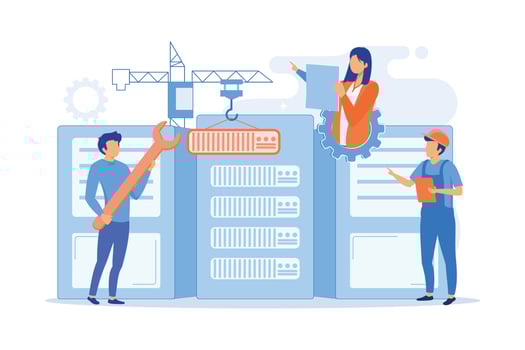 Engineers consolidating and structuring data in the center. Big data engineering, massive data operation, big data architecture concept. vector illustration