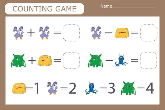 counting game with funny monsters . Preschool worksheet, kids activity sheet, printable worksheet vector