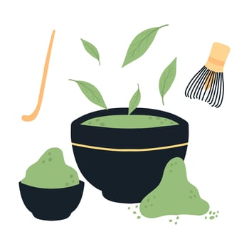 Matcha tea. Mug with matcha and green tea leaves. Vector illustration. Natural green tea.