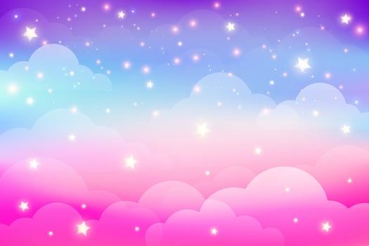 Rainbow unicorn background with clouds and stars. Pastel color sky. Magical landscape, abstract fabulous pattern. Cute candy wallpaper. Vector. vector