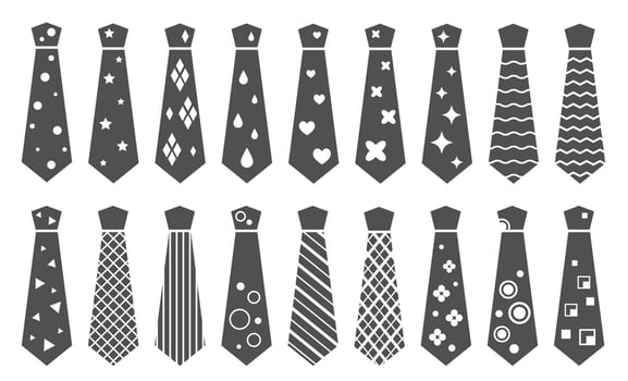 Black ties silhouettes on white background. Necktie icon set for cloth design. Vector illustration.
