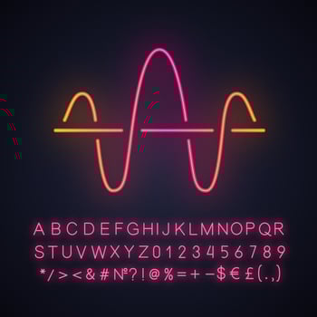 Soundwave neon light icon. Function and axis. Music rhythm frequency. Digital sound, audio wave. Voice recording sign. Glowing sign with alphabet, numbers and symbols. Vector isolated illustration