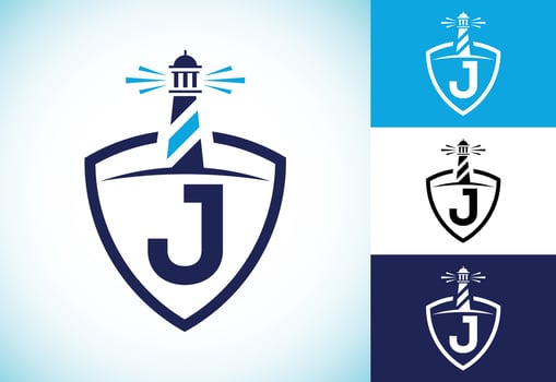 Initial J monogram alphabet in a shield with the lighthouse. Harbor logo. Font emblem vector