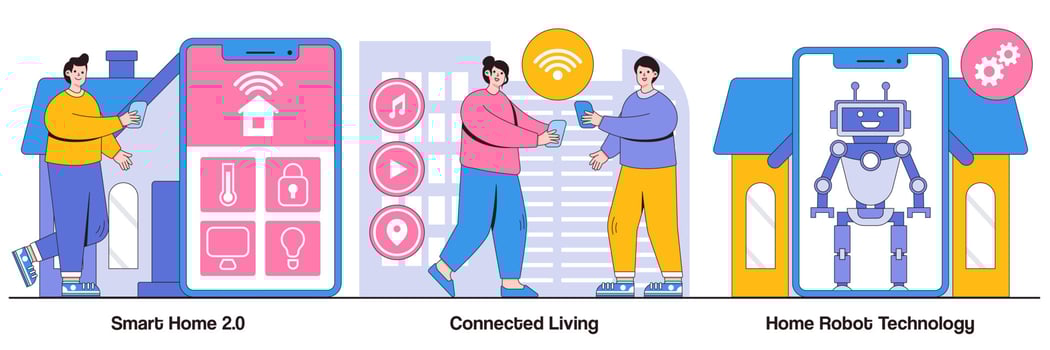 Smart Home 2.0, Connected Living, and Home Robot Technology Illustrated Pack vector