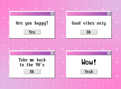 Old computer popup windows interface. Slogans for social media in y2k message windows. 90s vaporwave style with white retro stars. Abstract background in y2k aesthetic vector