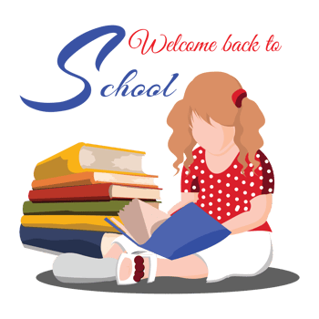 A cute little girl sitting on the floor read a book , next to her a bunch of colored books png