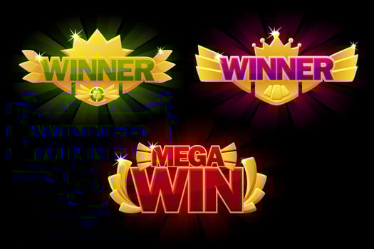 Screen Winner, Mega Win gold award, glowing banners for ui game. vector