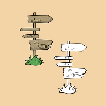A set of pictures, an old wooden pole with different pointers, worn-out pointers standing on the grass, a vector illustration in cartoon style on a colored background
