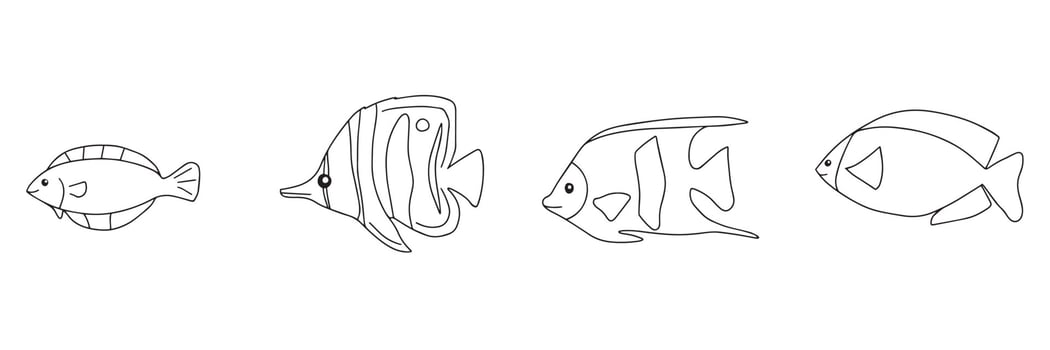 Illustration of the different fishes in a doodle design on a white background cartoon vector