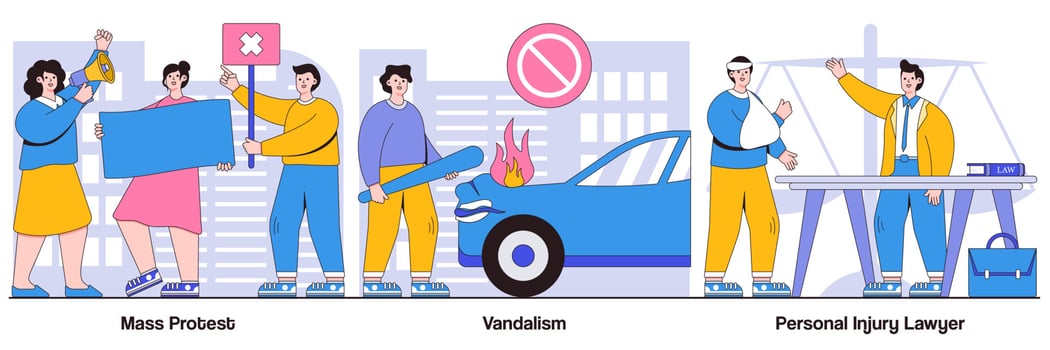 Mass Protest, Vandalism, Personal Injury Lawyer with People Characters Illustrations Pack vector