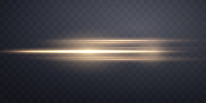 Gold horizontal lens flare. Sun flash with rays or gold spotlight and bokeh. Yellow glow flare light effect. Vector illustration.