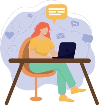 beautiful girl with red hair is working in the office with laptop vector illustration in flat style
