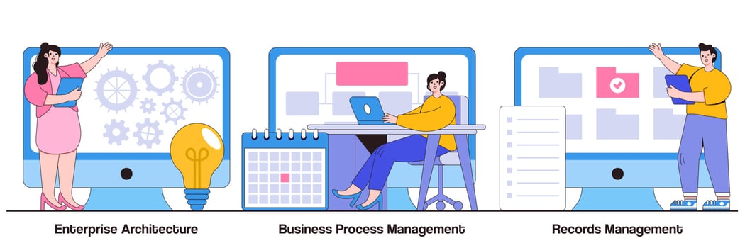Enterprise architecture, business process and records management concept with tiny people. Corporate software abstract vector illustration set. IT system solution, document and file tracking metaphor