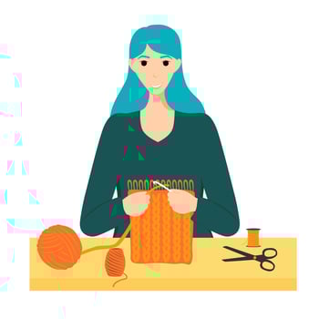 Young woman with knitting hobby vector flat illustration