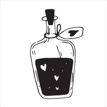 vector illustration in doodle style. vintage drink bottle with hearts. simple line drawing symbol of mysticism, magic, esotericism, witchcraft. love