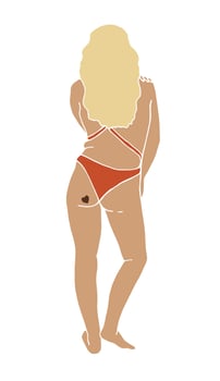 vector illustration, silhouette of  not a young woman with an imperfect body in a swimsuit from the back. fat woman with a heart tattoo on the ass. body positive, feminism. isolated on white