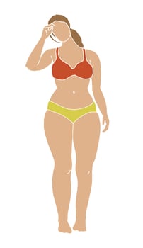 vector illustration. a woman is standing in a swimsuit. Fat white young woman in a swimsuit. body positive, feminism. limited color palette. isolated on white background