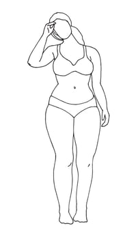 vector doodle drawing. overweight woman in a swimsuit, bikini. beautiful young woman plus size isolated on white background. Simple liner drawing. body positive, feminism, summer, beach vacation