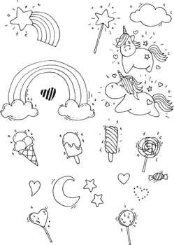 vector seamless pattern with unicorns. magical unicorns, rainbow, lollipops, clouds, line drawings isolated on white background. in the style of doodle, flat, cartoon. coloring book, black and white
