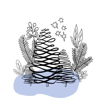 Christmas floral composition with fir trees and leaves branches in simple hand drawn doodle style for greeting cards, invitations, banner vector illustration