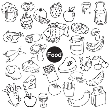Doodle Cartoon Vector Illustration. set of food items. Cute food, fast food, drinks icons isolated on white background. Clipart of meat, fish, dairy products, desserts, vegetables and fruits