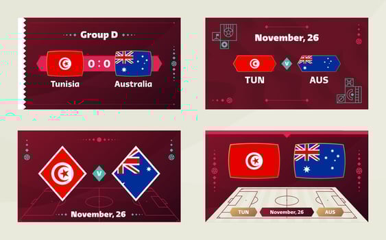 tunisia vs australia match. Football 2022 world championship match versus teams on soccer field. Intro sport background, championship competition final poster, flat style vector illustration