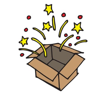 stock vector illustration drawing in doodle style. box with fireworks. Cute icon is a symbol of surprise, holiday, gift. colorful fireworks stars and salutes. flat picture