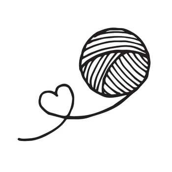stock illustration doodle drawing in doodle style. skein of wool for knitting with a heart. Cute drawing, knitting icon, handmade, hobby. vector