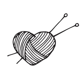 stock illustration hand drawing in doodle style. skein of wool in the shape of a heart. love of knitting, handmade icon, hobby. vector