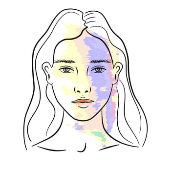 Beautiful woman portrait in minimalistic style. Female face outline with neon colour features, isolated on white background. Awesome print design for T-shirt. vector