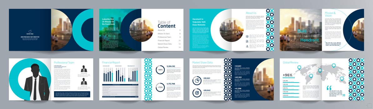 Corporate business presentation guide brochure template, Annual report, 16 page minimalist flat geometric business brochure design template, square size. vector