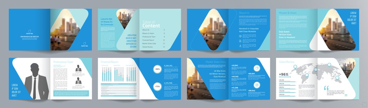 Corporate business presentation guide brochure template, Annual report, 16 page minimalist flat geometric business brochure design template, square size. vector