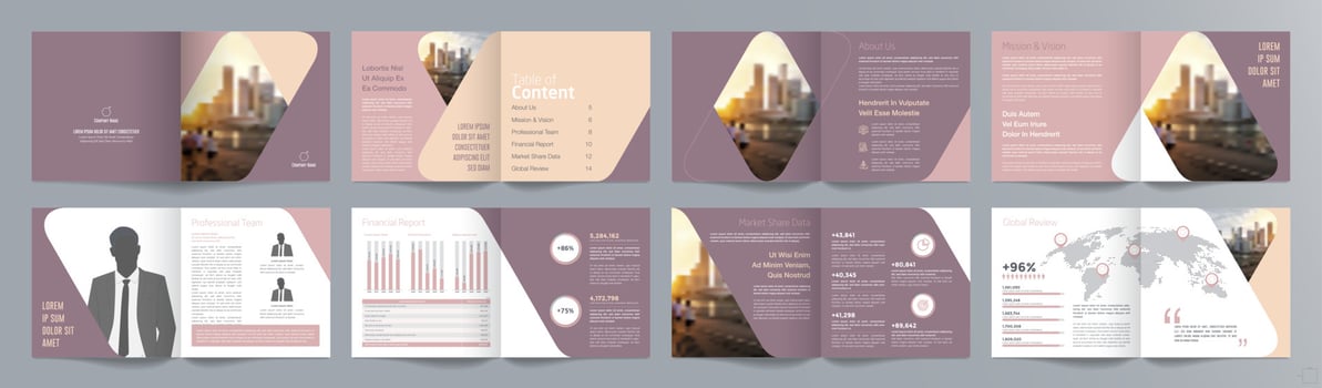 Corporate business presentation guide brochure template, Annual report, 16 page minimalist flat geometric business brochure design template, square size. vector
