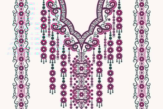 Ethnic neck embroidery floral pattern feminine color style. Tribal art shirts fashion. vector