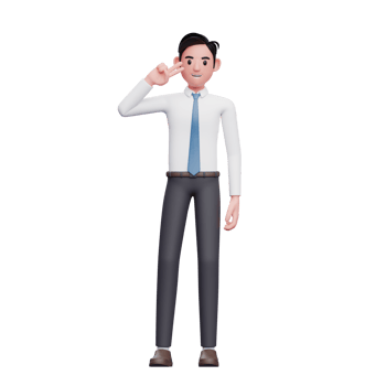 businessman posing peace finger, 3d businessman wearing long shirt and blue tie png